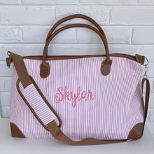 Load image into Gallery viewer, Personalized Seersucker Weekender Travel Bag