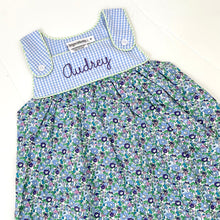 Load image into Gallery viewer, Personalized Floral Gingham Kids Dress, Blue Summer Outfit