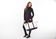 Load image into Gallery viewer, Navy Canvas and Genuine Leather Tote with Monogrammed Initial