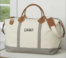 Load image into Gallery viewer, Canvas and genuine leather travel bag with Monogram | Weekender tote with initials | Carry on luggage | Duffel bag | Overnight tote