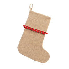 Load image into Gallery viewer, Personalized Burlap Christmas Stocking | Burlap Stocking with pom poms | Monogrammed Ruffle Christmas Stocking