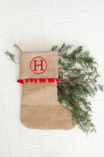 Load image into Gallery viewer, Personalized Burlap Christmas Stocking | Burlap Stocking with pom poms | Monogrammed Ruffle Christmas Stocking