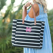 Load image into Gallery viewer, Monogram Stripe Tote | Custom Shoulder Bag | Personalized Tote Bag with Vegan Leather Accents