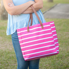 Load image into Gallery viewer, Monogram Stripe Tote | Custom Shoulder Bag | Personalized Tote Bag with Vegan Leather Accents