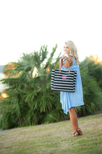 Load image into Gallery viewer, Monogram Stripe Tote | Custom Shoulder Bag | Personalized Tote Bag with Vegan Leather Accents