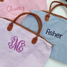 Load image into Gallery viewer, Personalized Seersucker Weekender Travel Bag