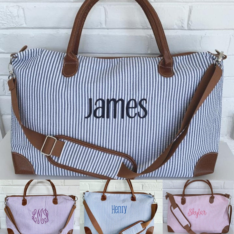 Personalized seersucker weekender bag
