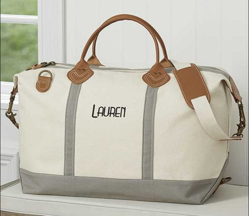 Monogrammed Canvas Weekender Bag | Genuine Leather Travel Tote