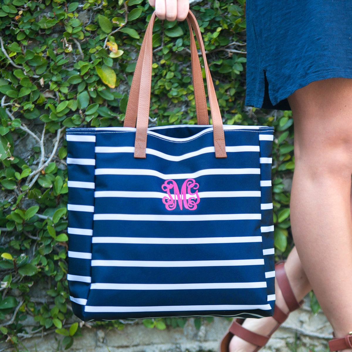 Monogrammed Stripe Tote | Vegan Leather Handles