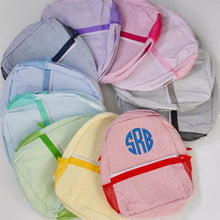 Load image into Gallery viewer, Seersucker backpack in red, Seersucker backpack in yellow, Seersucker backpack in green, Seersucker backpack in aqua, Seersucker backpack in light blue, Seersucker backpack in black, Seersucker backpack in purple, Seersucker backpack in hot pink
