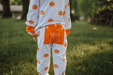 Load image into Gallery viewer, Fall Pumpkin Butt flap Pajamas with name for kids
