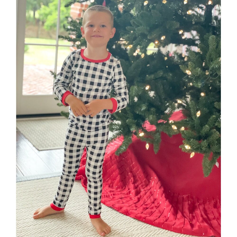 Christmas Buffalo Check Butt flap Pajamas with name for kids