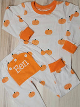 Load image into Gallery viewer, Fall Pumpkin Butt flap Pajamas with name for kids

