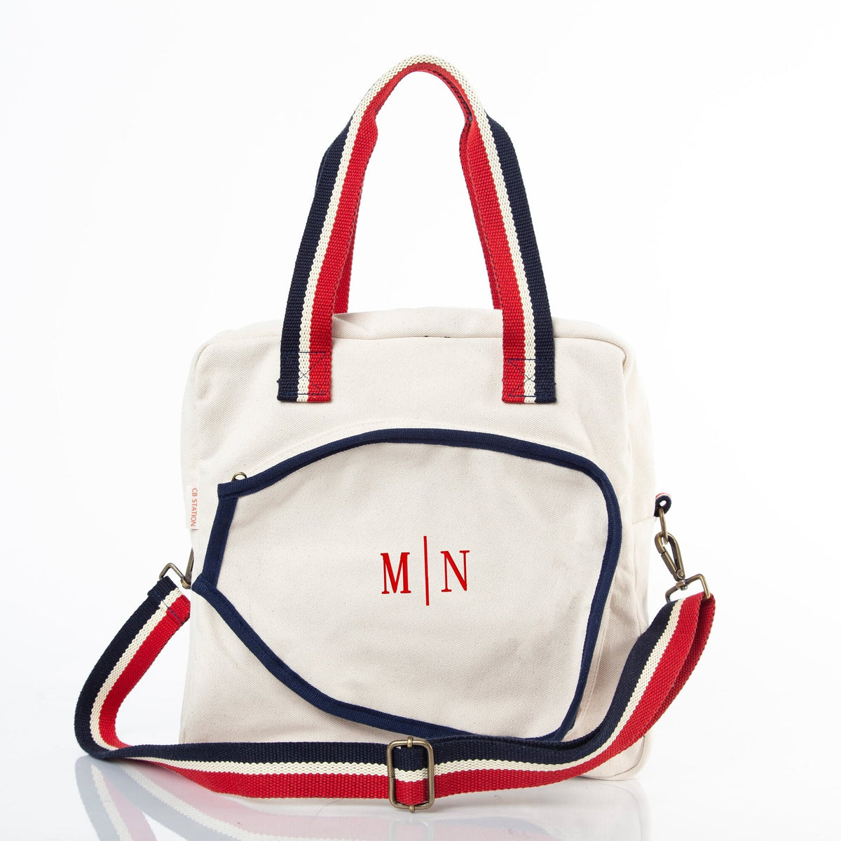 Navy, canvas, and red pickleball bag with monogram