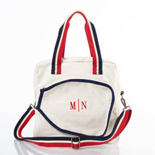 Load image into Gallery viewer, Navy, canvas, and red pickleball bag with monogram
