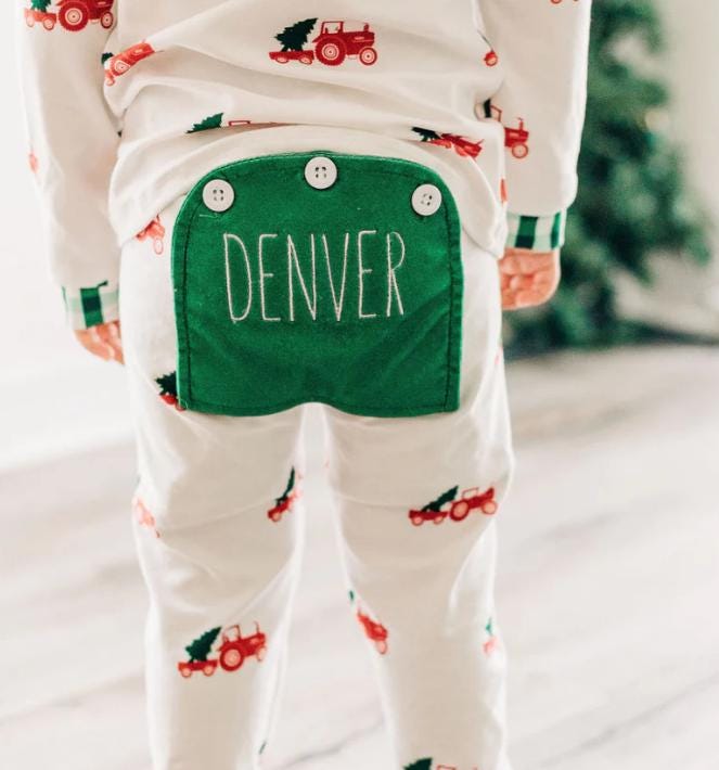 Christmas Tree Tractor Butt Flap Pajamas with name for kids