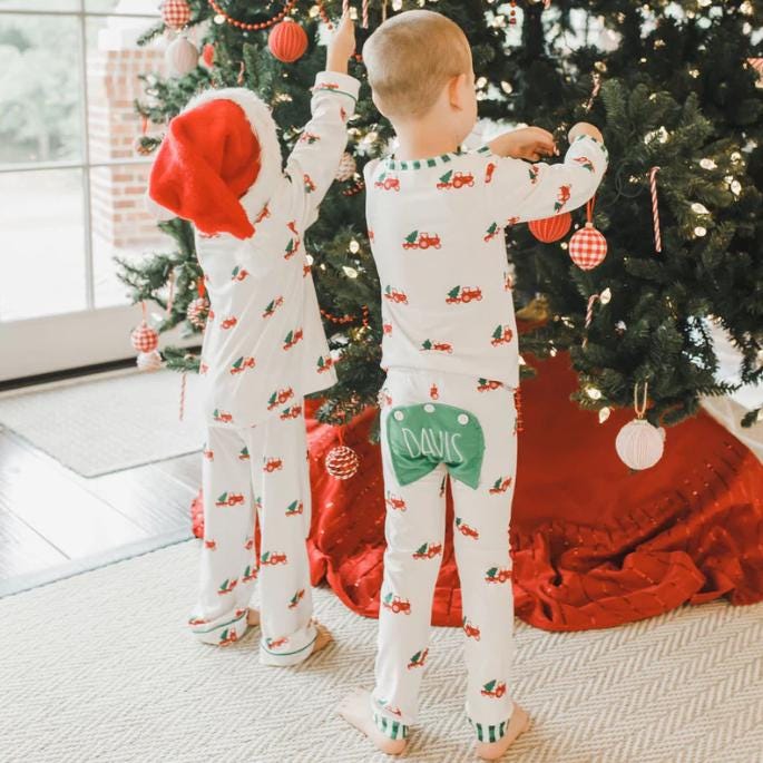 Christmas Tree Tractor Butt Flap Pajamas with name for kids