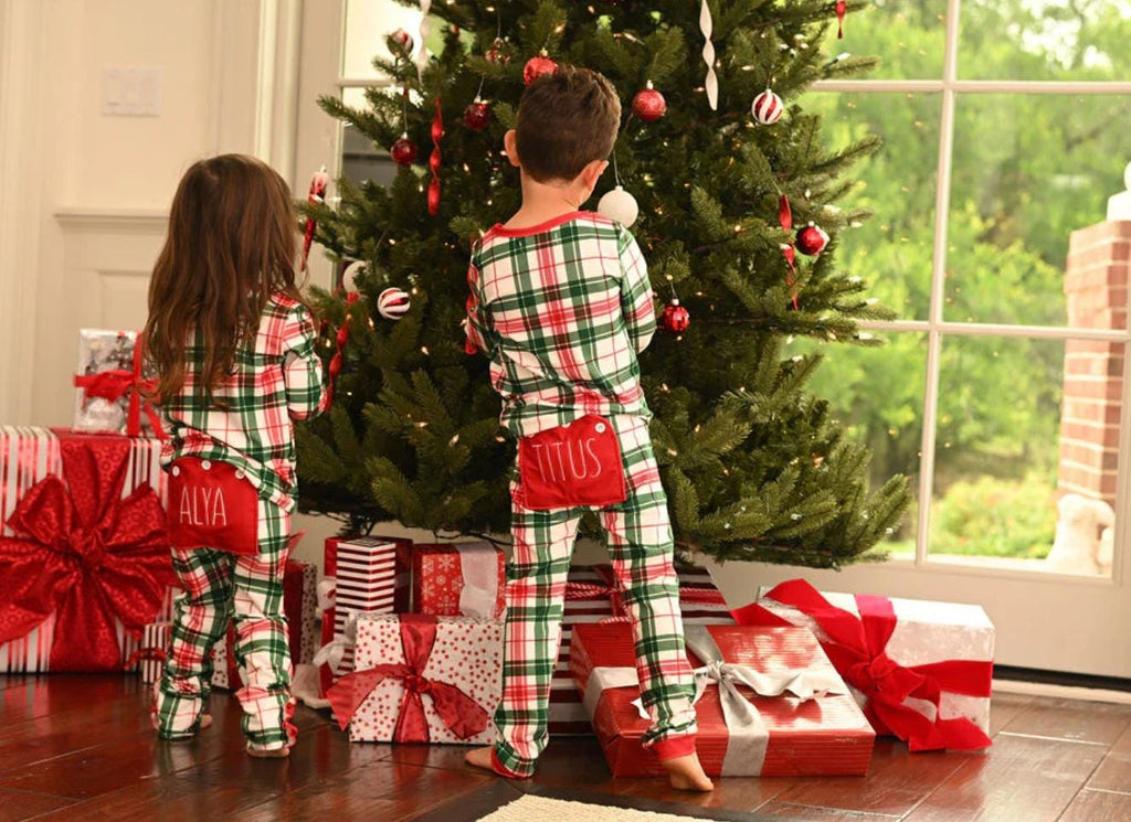 Christmas Plaid Butt Flap Pajamas with name for kids