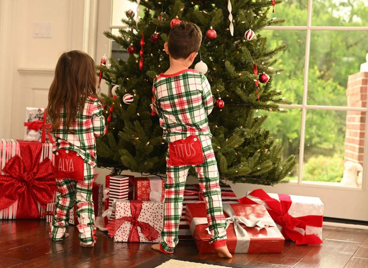 Christmas Plaid Butt Flap Pajamas with name for kids