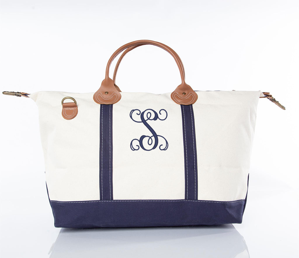 Navy Canvas and Genuine Leather Tote with Monogrammed Initial