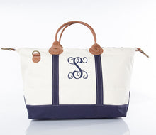 Load image into Gallery viewer, Navy Canvas and Genuine Leather Tote with Monogrammed Initial
