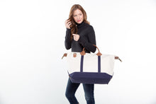 Load image into Gallery viewer, Navy Canvas and Genuine Leather Tote with Monogrammed Initial
