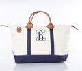 Navy Canvas and Genuine Leather Tote with Monogrammed Initial
