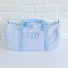 Load image into Gallery viewer, Light Blue Seersucker Duffle Bag
