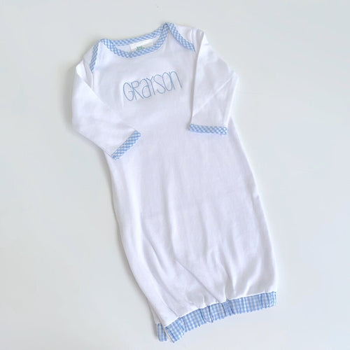 Personalized Infant Blue Gingham Trim Gown
